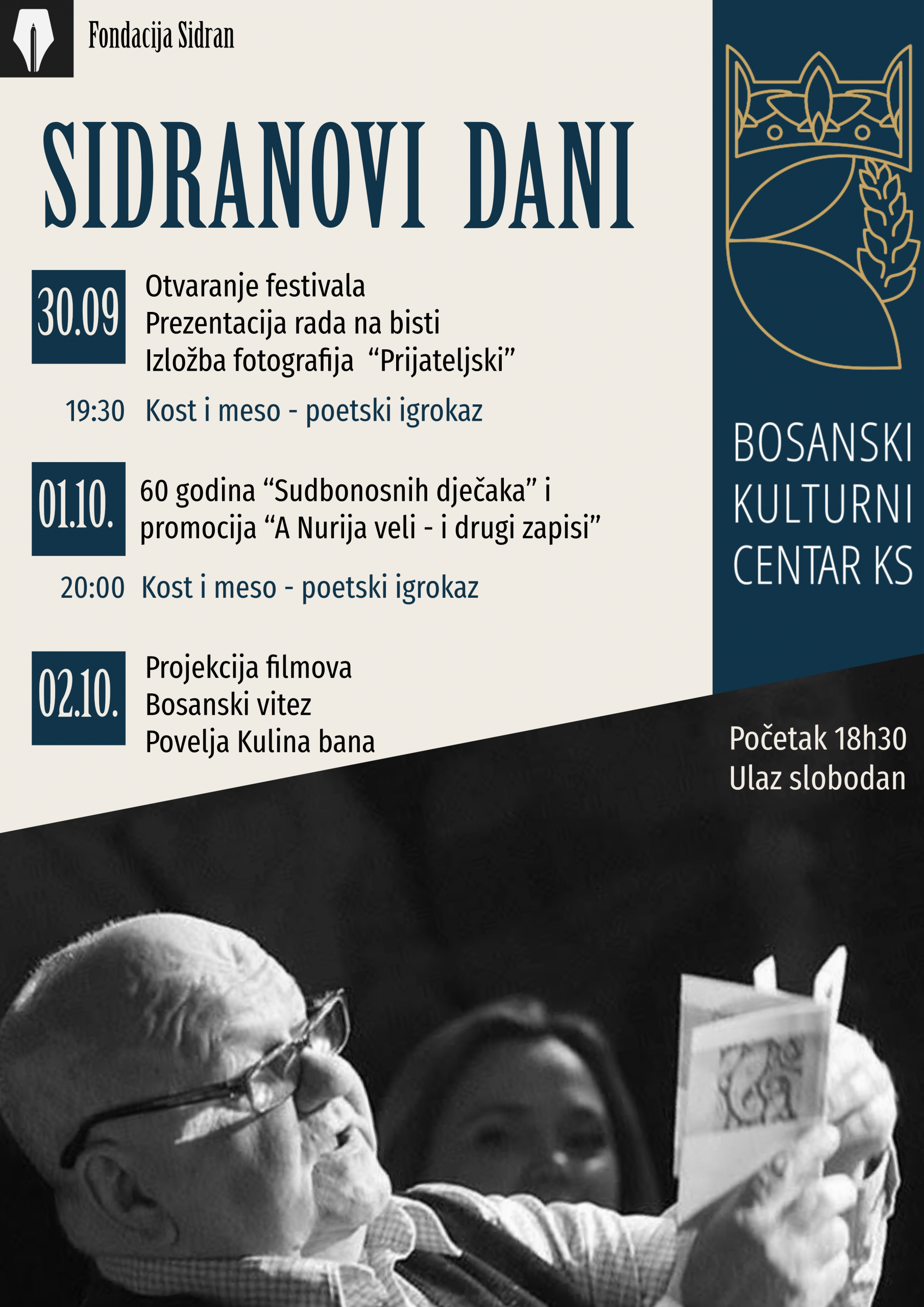 Festival kulture „Sidranovi dani 2026“: Sjećanje na velikana bh književnosti u Bosanskom kulturnom centru 30. 09. – 02. 10.