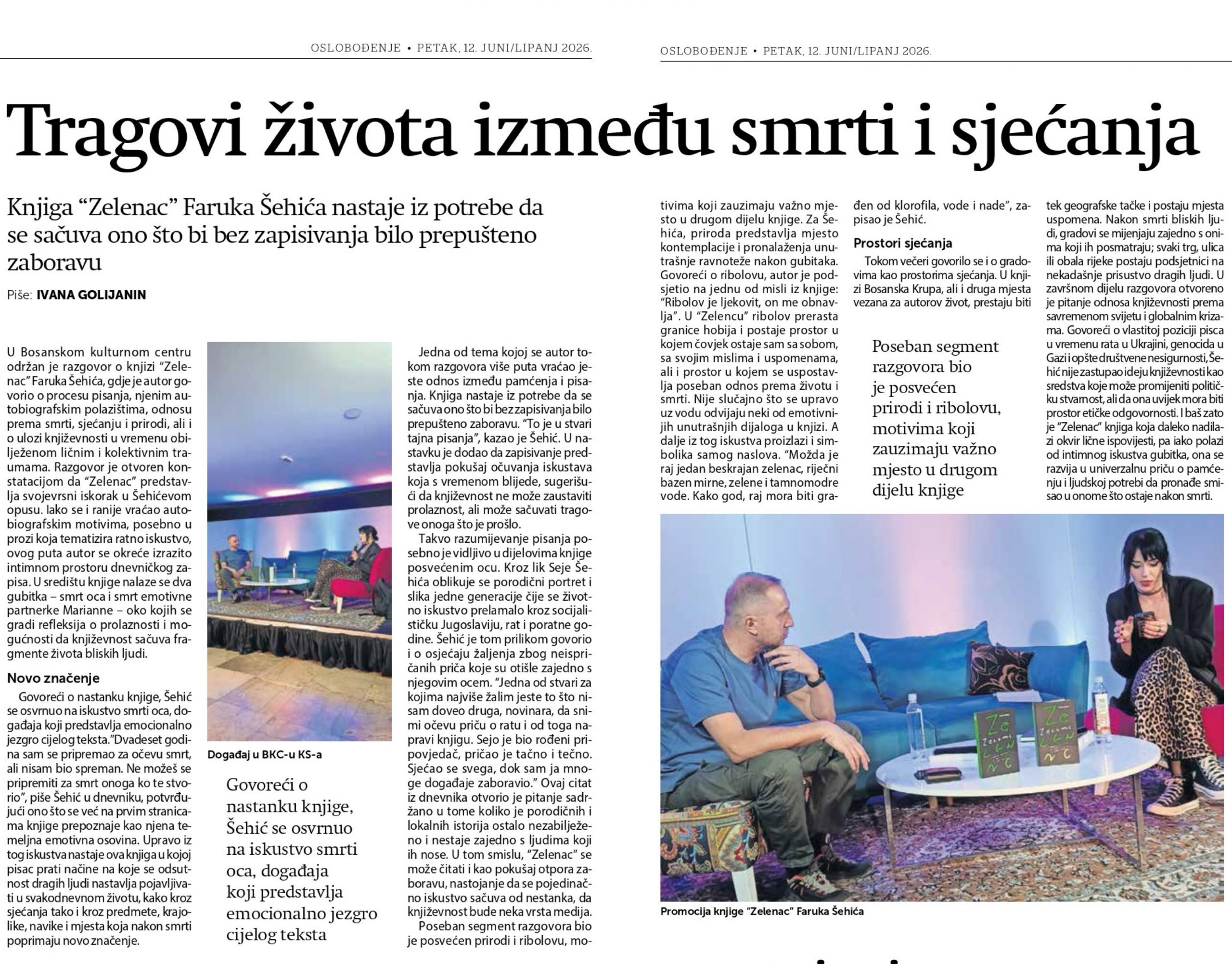 O knjizi “Zelenac” autora Faruka Šehića – Ivana Golijanin, list Oslobođenje