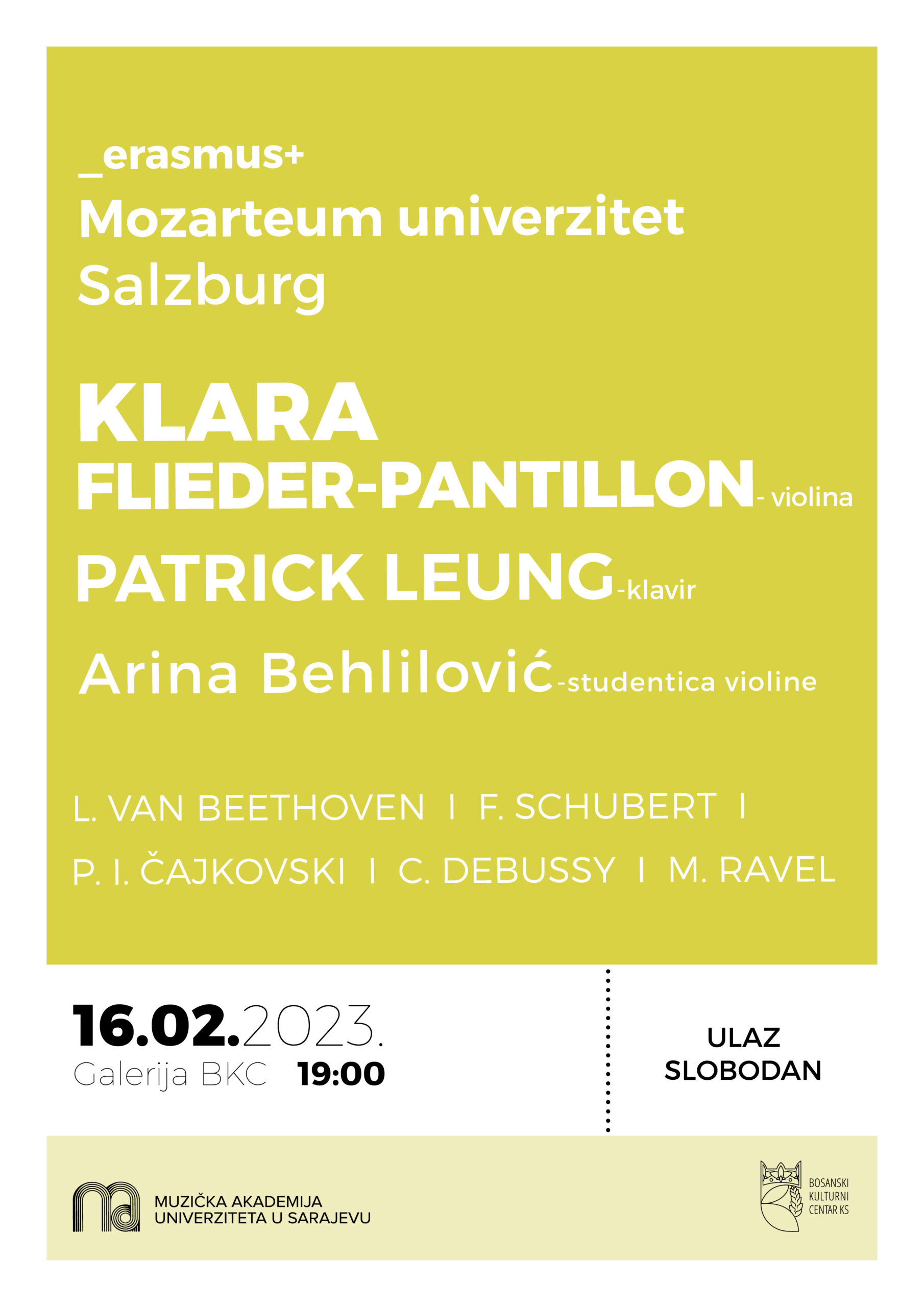 Koncert: Klara Flieder-Pantillon, violina, Patrick Leung, klavir, Arina Behlilović, studentica violine